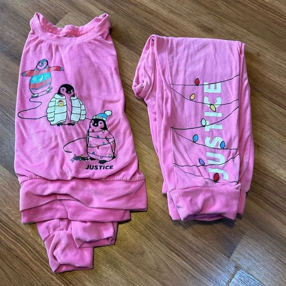 Justice Sleep Girls Fleece Pajamas Penguines Pink  - Girls Size Large 12-14
